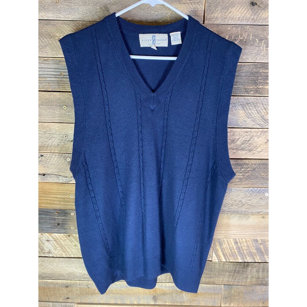River Trader Mens Sz L Navy Blue Soft V-Neck Sleeveless Sweater Vest